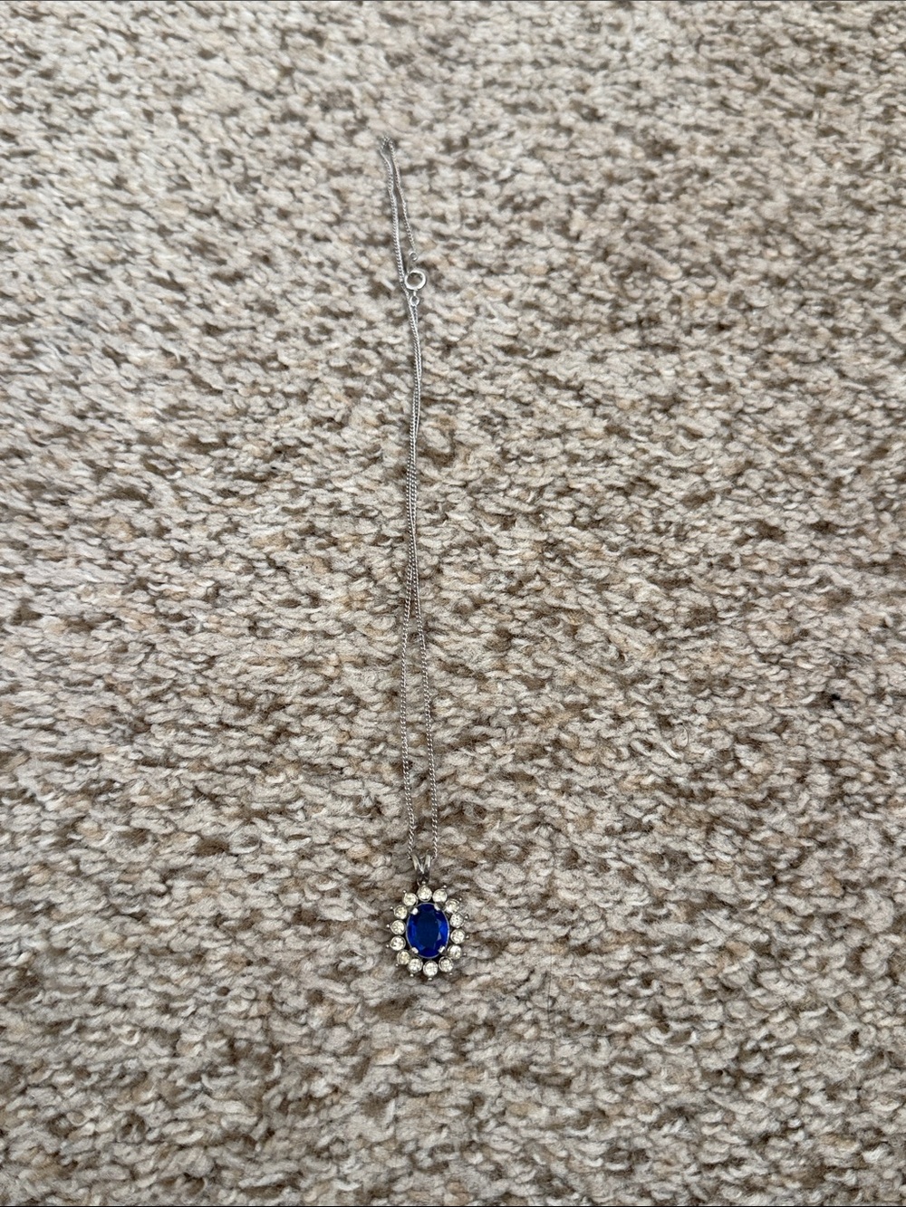 Silver-Tone Necklace with Royal Blue Oval Pendant and Crystal Halo